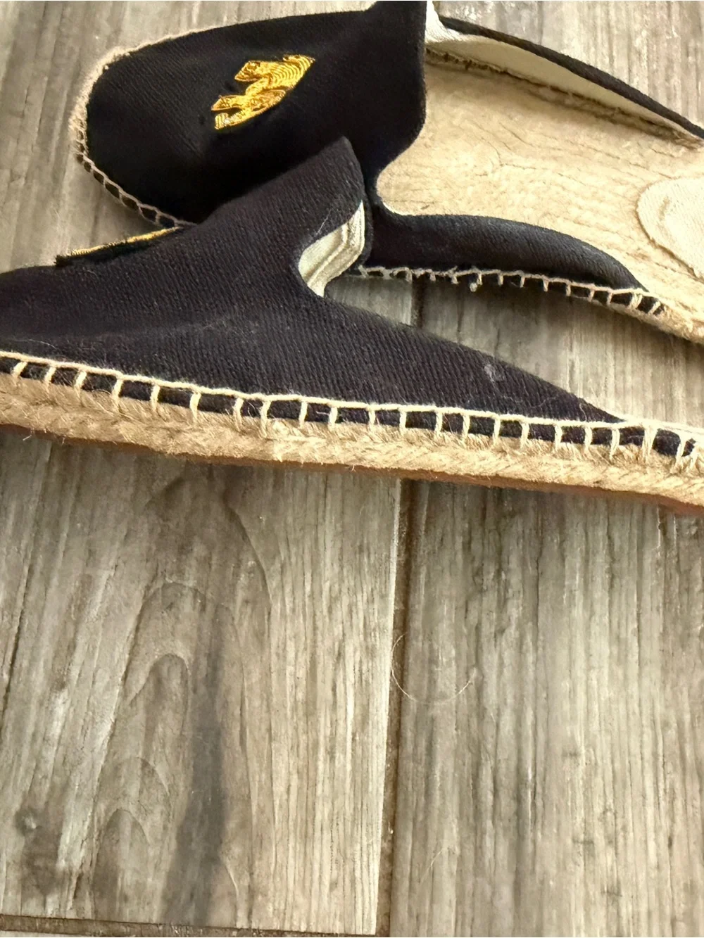 Soludos Black Slip-On Espadrilles with Gold Elephant Embroidery